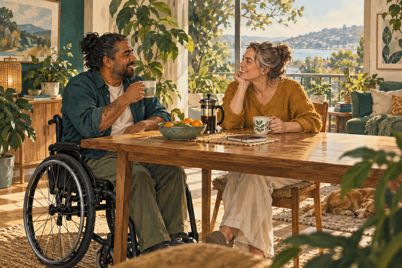 Illustration of two adults enjoying conversation in a welcoming home, including a wheelchair user